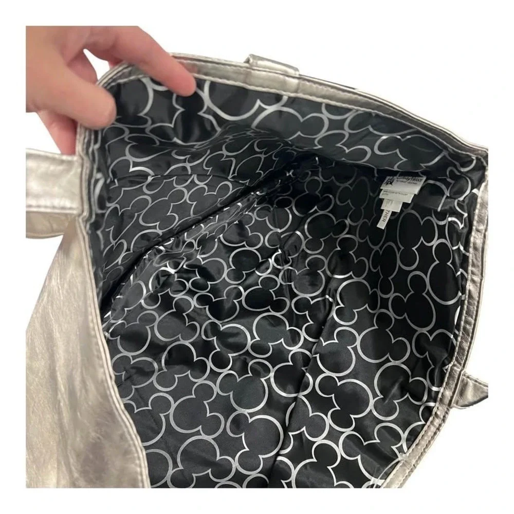 Disney Parks Large Silver Tote Bag Mickey Mouse Faux Leather w/Mickey Lining